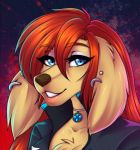  anthro ariveil bird_dog blue_eyes blush brown_body brown_fur canid canine canis clothed clothing collar domestic_dog ear_piercing ear_ring female fur hair hunting_dog mammal open_mouth open_smile piercing red_hair retriever simple_background smile solo teeth 