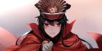  1girl black_hair black_headwear cape close-up face family_crest fate/grand_order fate_(series) gloves hat koha-ace lanzero long_hair oda_nobunaga_(fate) oda_nobunaga_(fate)_(all) oda_uri peaked_cap portrait red_cape red_eyes solo white_gloves 