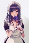  1girl apron bangs blue_eyes blush buttons chizuru_(ambient) dress eyebrows_visible_through_hair flower frills highres holding holding_flower long_hair looking_at_viewer maid maid_apron maid_dress maid_headdress original puffy_sleeves purple_dress purple_flower purple_hair shiny shiny_hair signature solo swept_bangs white_apron white_background wrist_cuffs 