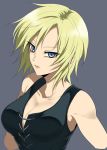  1girl aya_brea blonde_hair blue_eyes breasts cleavage closed_mouth kurobe_sclock looking_at_viewer medium_hair parasite_eve parasite_eve_the_3rd_birthday simple_background solo 