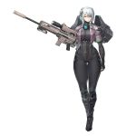  1girl al_wraith bodysuit braid expressionless full_body gun hair_between_eyes highres last_origin long_hair looking_at_viewer official_art rifle silver_hair sima_(startwitch) sniper_rifle solo tachi-e transparent_background twin_braids weapon 