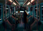  1girl 2boys coat commentary_request display fluorescent_lamp ground_vehicle ka92 multiple_boys night original reading science_fiction sitting standing train train_interior 