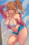  1girl arm_up bare_shoulders blonde_hair blue_eyes breasts bubble_blowing chewing_gum cleavage collarbone commentary highres large_breasts looking_at_viewer mario_(series) midriff navel nintendo ponytail princess_peach shexyo short_shorts shorts super_mario_bros. thick_thighs thighs 