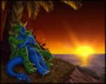  anthro anthro_on_anthro ariveil black_body blue_body breasts brown_hair claws detailed_background dinosaur dragon duo eyes_closed female green_body hair horn interspecies love male male/female multicolored_body reptile romantic_ambiance romantic_couple scalie sitting smile 