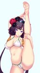  1girl barefoot bikini black_hair blue_eyes breasts fate/grand_order fate_(series) feet feet_up hair_bun highres katsushika_hokusai_(fate/grand_order) katsushika_hokusai_(swimsuit_saber)_(fate) leg_up long_hair soles split standing standing_on_one_leg standing_split swimsuit thighs vibncent white_bikini 