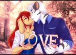  anthro anthro_on_anthro ariveil bird_dog black_body black_fur breasts brown_body brown_fur canid canine canis claws clothed clothing detailed_background domestic_dog duo ear_piercing eyes_closed felid female fur hair hunting_dog interspecies kissing love male male/female mammal multicolored_body multicolored_fur open_mouth open_smile pantherine piercing red_hair retriever romantic_ambiance romantic_couple smile teeth tiger two_tone_body two_tone_fur white_body white_fur white_hair 