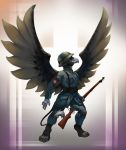  + 2018 anthro avian beak black_eyes clothing feathers gradient_background griphass gryphon gun hi_res male military military_clothing military_helmet military_uniform mythological_avian mythology pimpartist pouch_(anatomy) pouch_purse ranged_weapon rifle simple_background solo switzerland traditional_media_(artwork) uniform weapon wings world_war_2 