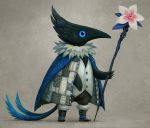  animal animal_focus bird blue_eyes boots capelet cloak commentary_request crow flower from_side fur_boots grey_background ka92 multiple_tails original personification scepter standing tail two_tails vest 