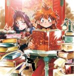 2girls :t araizumi_rui black_cat blue_eyes blush book book_stack cat chin_rest circlet holding holding_book lantern lens_flare lina_inverse long_hair multiple_girls naga_the_serpent official_art open_book purple_hair red_eyes red_hair scroll sitting slayers smile table too_many 