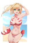  1girl armpits artist_name bare_shoulders beach bikini blonde_hair breasts center_opening cleavage collarbone cowboy_shot criss-cross_halter cropped_background eyebrows_visible_through_hair eyes_visible_through_hair fate/grand_order fate_(series) green_eyes hair_intakes halter_top halterneck highres large_breasts leg_up looking_at_viewer medium_hair midriff navel nero_claudius_(fate) nero_claudius_(fate)_(all) nero_claudius_(swimsuit_caster)_(fate) ocean open_mouth red_ribbon ribbon salute side-tie_bikini sky smile solo striped striped_bikini swimsuit teeth thigh_gap thighs timelessheaven twintails upper_teeth 