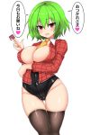  1girl absurdres arm_under_breasts ascot bangs black_legwear black_leotard blush breasts cameltoe cleavage collarbone collared_shirt commentary_request condom condom_wrapper cowboy_shot curvy eyebrows_visible_through_hair green_hair hair_between_eyes heart highres holding holding_condom isshin_(sasayamakids) kazami_yuuka large_breasts leotard long_sleeves open_mouth plaid plaid_shirt red_eyes red_shirt shirt short_hair simple_background solo speech_bubble thighs touhou translation_request white_background yellow_neckwear 