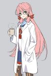  1girl akashi_(kantai_collection) bespectacled blue_sailor_collar blue_skirt commentary_request cup glasses green_eyes grey_background hair_ribbon hand_in_pocket highres kantai_collection labcoat long_hair looking_at_viewer mug pink_hair pleated_skirt ribbon sailor_collar school_uniform senbei_(senbe_i) serafuku simple_background skirt solo thighhighs tress_ribbon 