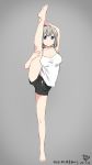  1girl barefoot black_shorts closed_mouth commentary dated expressionless full_body grey_background grey_hair gymnastics hand_on_own_leg hashtag highres holding_own_foot kizuna_akari looking_at_viewer medium_hair shirt shorts signature skskjogio2444 solo spaghetti_strap split standing standing_on_one_leg standing_split voiceroid white_shirt 