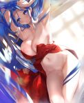  1girl absurdres arms_up blue_eyes blue_hair bottomless breasts feet_out_of_frame floral_print highres japanese_clothes kimono kumatora_tatsumi large_breasts long_hair lying navel nipples on_side original red_kimono smile solo thighs very_long_hair 