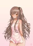  1girl absurdres apron ass_visible_through_thighs bare_arms bare_shoulders breasts brown_background brown_hair character_name closed_mouth collarbone commentary_request commission cowboy_shot girls_frontline gradient gradient_background highres korean_commentary long_hair naked_apron name_tag one_side_up pin_gray pink_background red_eyes scar scar_across_eye small_breasts smile solo standing ump45_(girls_frontline) very_long_hair white_apron 