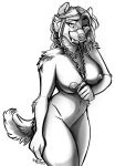  anthro arm_tuft breasts chain curvy_figure datsun elbow_tufts eyebrows eyewear female glasses hair hi_res jewelry kappy mammal monochrome mustelid musteline necklace nipples nude raised_eyebrow shoulder_tuft smile solo teeth tuft wolverine 