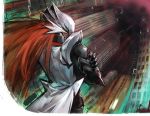  1boy black_gloves blue_eyes border brown_hair city coat crossed_arms disutihada duel_monster fading_border from_behind gloves highres kaibaman long_hair long_sleeves male_focus mask night outdoors solo white_coat white_mask yu-gi-oh! 