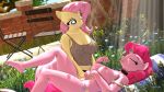  16:9 3d_(artwork) anthro anthro_on_anthro anthroponiessfm belly_rub big_breasts breasts clothing collar digital_media_(artwork) duo english_text equid equine female female/female fluttershy_(mlp) friendship_is_magic hasbro hi_res lying mammal my_little_pony nipples nude on_back outside petplay pinkie_pie_(mlp) roleplay text widescreen 