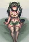  1girl :&lt; alternate_costume alternate_hairstyle asui_tsuyu badge bed_sheet black_eyes blush_stickers boku_no_hero_academia braid breasts brown_legwear brown_sports_bra button_badge cleavage eyebrows_visible_through_hair feet_out_of_frame green_hair green_scrunchie green_skirt hair_between_eyes hair_ornament hair_scrunchie highres kelvin_hiu large_breasts legs_together long_braid long_hair microskirt navel on_bed scrunchie sitting skirt solo sports_bra stomach thick_thighs thighhighs thighs twin_braids very_long_hair wide_hips zettai_ryouiki 