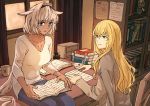  1boy 1girl animal_ears black_hairband blonde_hair blue_eyes blue_pants book bookshelf breasts brown_shirt caenis_(fate) cape chair character_doll chest_tattoo dark_skin desk eyebrows_visible_through_hair fate/grand_order fate_(series) grey_cape hairband kirschtaria_wodime large_breasts long_hair looking_at_another on_desk pants purple_eyes reading shirt sitting sitting_on_desk tattoo tsengyun very_long_hair white_hair white_shirt 
