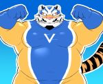  12beat13 2020 anthro belly clothed clothing felid humanoid_hands kemono male mammal mask overweight overweight_anthro overweight_male pantherine pink_nose simple_background solo tiger 