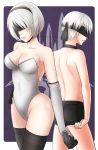  1boy 1girl black_blindfold black_hairband black_legwear blindfold breasts cleavage gloves hairband highres leotard mole mole_under_mouth nier_(series) nier_automata short_hair silver_hair thighhighs yorha_no._2_type_b yorha_no._9_type_s 