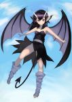  1girl bangs black_dress cameltoe closed_mouth demon_wings dress fang fang_out friday_(landstalker) hair_between_eyes highres horns johan_(johan13) landstalker:_koutei_no_zaihou long_hair pointy_ears purple_eyes purple_hair smile solo strapless strapless_dress tsurime white_horns wings 