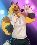  2020 animal_crossing anthro biceps canid canine canis clothed clothing dog_tags eyes_closed fur head_tuft hi_res kyle_(animal_crossing) male mammal microphone muscular muscular_anthro naikuma nintendo shirt simple_background singing solo spotlight tank_top topwear tuft video_games wolf 