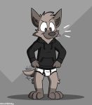  absurd_res anthro black_clothing black_hoodie black_topwear briefs clothing drawyourfursona hi_res hoodie hoodie/briefs_meme hyaenid male mammal meme meme_clothing mushketeery simple_background solo standing topwear underwear white_clothing white_underwear 