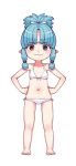  1girl bare_legs barefoot bikini blue_hair breasts chibi eyebrows_visible_through_hair front-tie_bikini front-tie_top full_body hair_between_eyes hair_ribbon hair_up hamada_yoshikazu hands_on_hips highres kiriha_(tsugumomo) navel official_art pointy_ears red_eyes ribbon side-tie_bikini sidelocks simple_background small_breasts smile solo standing stomach swimsuit tsugumomo v-shaped_eyebrows white_background white_bikini white_ribbon 