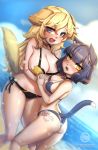  2girls :3 animal_ear_fluff animal_ears ass beach bikini bikini_day blonde_hair blue_eyes blue_sky breasts cat_ears cat_girl cat_girl_(merryweather) cat_tail cleavage cloud commentary dog_ears dog_girl dog_girl_(merryweather) dog_tail ermao_wu eyebrows_visible_through_hair highres large_breasts long_hair looking_at_viewer multiple_girls open_mouth original sand short_hair sky small_breasts swimsuit tail yellow_eyes 