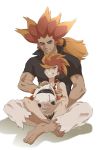  alder_(pokemon) aruji_yume barefoot benga_(pokemon) black_shirt closed_eyes gen_5_pokemon grandfather_and_grandson grin highres larvesta pokemon pokemon_(creature) pokemon_(game) pokemon_bw2 red_hair shadow shirt simple_background sitting sitting_on_lap sitting_on_person smile white_background 