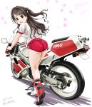  1girl 2017 absurdres artist_name ass boots brown_eyes brown_hair buruma dated flick_(sal23) from_behind full_body ground_vehicle gym_uniform highres idolmaster idolmaster_cinderella_girls kneepits legs long_hair looking_at_viewer looking_back motor_vehicle motorcycle open_mouth ponytail red_buruma shimamura_uzuki shirt short_sleeves simple_background smile solo thighs white_background white_footwear white_shirt yamaha 