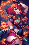  1girl breasts fingerless_gloves fire gloves highres large_breasts pyra_(xenoblade) red_eyes red_hair short_hair shorts skindentation thighhighs thighs watermark xenoblade_chronicles_(series) xenoblade_chronicles_2 yagi_(kyuhyun) 