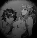  1boy 1girl ahoge artoria_pendragon_(all) artoria_pendragon_(caster) bangs blush bow breasts closed_mouth fate/grand_order fate_(series) fujimaru_ritsuka_(male) greyscale hair_bow hetero hxd licking long_hair medium_breasts monochrome navel nipple_licking nipples nude open_mouth ponytail short_hair sidelocks tongue tongue_out twintails 