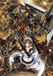  1girl breasts brown_hair cleavage dual_wielding garimpeiro glowing glowing_eyes green_eyes gun highres holding holding_gun holding_sword holding_weapon looking_at_viewer maid maid_headdress mecha orange_eyes original rifle seiza short_hair sitting smile soles sword thighhighs weapon 