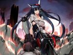  1girl :d animal_ears arknights bangs black_footwear black_gloves black_hair blaze_(arknights) blue_eyes boots breasts cat_ears chainsaw cleavage commentary gloves grey_legwear hair_between_eyes hairband highres holding holding_chainsaw holding_weapon jacket knee_pads large_breasts long_hair looking_at_viewer open_mouth red_hairband smile solo thighhighs v-shaped_eyebrows very_long_hair weapon white_jacket yan_lie 