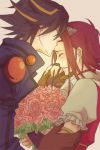  1boy 1girl blush bouquet closed_eyes couple crying flower forehead_kiss fudou_yuusei gloves hair_ornament izayoi_aki jacket kiss multicolored_hair red_hair rose sokeri spiked_hair tears two-tone_hair upper_body yu-gi-oh! yu-gi-oh!_5d&#039;s 