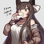  1girl animal_ears artist_name atelier_live bangs breasts brown_eyes brown_hair chai_(yueko_(jiayue_wu)) chocojax cleavage drinking english_commentary fox_ears fox_girl hand_on_hip highres holding_up leaning_back long_hair looking_down medium_breasts milk milk_mustache second-party_source solo virtual_youtuber 