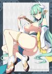  1girl aqua_hair ass bangs blush breasts dragon_girl dragon_horns fan fate/grand_order fate_(series) folding_fan hair_ornament highres horns japanese_clothes kiyohime_(fate/grand_order) large_breasts lips long_hair looking_at_viewer multiple_horns nipples older open_clothes pussy sandals smile solo yellow_eyes zeroshiki_kouichi 