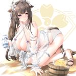  1girl all_fours animal_ears azur_lane bangs bikini blush bottle breasts brown_hair cleavage closed_mouth collarbone commentary_request cow_ears cow_girl cow_horns cow_tail eyebrows_visible_through_hair fingernails flower gudon_(iukhzl) hair_flower hair_ornament halterneck highres holding holding_bottle horns huge_breasts kashino_(after-bath_pleasure)_(azur_lane) kashino_(azur_lane) long_hair looking_back manjuu_(azur_lane) milk_bottle on_floor purple_eyes sakura_empire_(emblem) simple_background solo swimsuit tail thigh_strap very_long_hair white_background white_bikini white_flower 