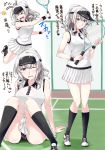  &gt;_&lt; 1girl ball blue_eyes character_request failure kantai_collection mikage_takashi multiple_views racket sitting_on_ground smile sportswear tennis tennis_ball tennis_racket tennis_uniform tied_hair white_hair 