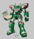  anhdang artist_name box commentary doughnut english_commentary food green_theme grey_background holding holding_box krispy_kreme looking_at_viewer mecha megazord mighty_morphin_power_rangers no_humans original power_rangers signature simple_background 