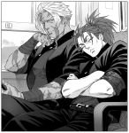  2boys alternate_costume bangs belt beowulf_(fate/grand_order) black_pants bus chest couple crossed_arms fate/grand_order fate_(series) gakuran greyscale ground_vehicle head_on_another&#039;s_shoulder li_shuwen_(fate) light_smile long_hair looking_at_another monochrome motor_vehicle multiple_boys muscle pants parted_bangs ponytail renga2250 scar school_uniform short_hair sleeping sleeping_on_person sleeping_upright spiked_hair 