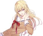  bang_dream! blonde_hair half_updo long_hair long_sleeves pink_eyes ribbon sailor_collar sen&#039;yuu_yuuji shirasagi_chisato smile uniform white_background 