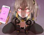  1girl armband bangs black_gloves black_jacket black_legwear blush cellphone fingerless_gloves girls_frontline gloves heart heart-shaped_pupils holding holding_phone hypnosis jacket katagiri_ags long_hair long_sleeves mind_control open_clothes open_jacket open_mouth open_shirt pantyhose paw_pose penis_awe penis_shadow phone smartphone solo_focus squatting symbol-shaped_pupils tongue tongue_out ump45_(girls_frontline) 