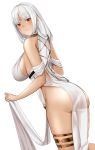  1girl ass azur_lane backless_outfit bangs bare_shoulders blush breasts dark_skin dated dress eyebrows_visible_through_hair facial_mark forehead_mark from_behind highres kirumo large_breasts long_hair looking_at_viewer looking_back massachusetts_(azur_lane) massachusetts_(dressed_to_impress)_(azur_lane) native_american parted_lips red_hair see-through signature simple_background sleeveless sleeveless_dress solo standing sweat thighlet thighs white_background white_dress white_hair 