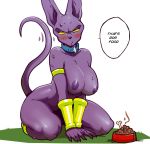  anthro beerus big_breasts blush bodily_fluids breasts crossgender dialogue dragon_ball dragon_ball_super english_text female mcfli mostly_nude mtf_crossgender nipples solo sweat text 