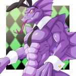 1:1 collar cuff_links ear_frill empty_eyes fake_ears fake_rabbit_ears fangs forked_tongue frill_(anatomy) male membrane_(anatomy) membranous_frill monster_rancher mostly_nude naga_(monster_rancher) necktie purple_body purple_scales scales solo teba_motoko tongue video_games white_outline yellow_eyes 