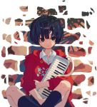  1girl black_eyes black_legwear closed_mouth collared_shirt crossed_legs feet_out_of_frame highres holding holding_instrument hood hood_down instrument ka_(marukogedago) keyboard_(instrument) long_sleeves looking_at_viewer melodica original purple_hair red_hoodie shirt short_hair sitting socks solo white_shirt wing_collar 